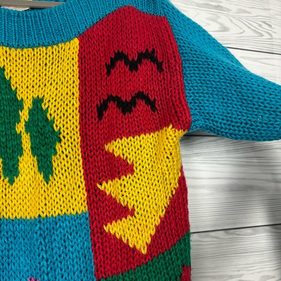 Vintage 80’s One Step Up Hand Knit Acrylic Colorblock Sweater Size Large - Picture 4 of 10